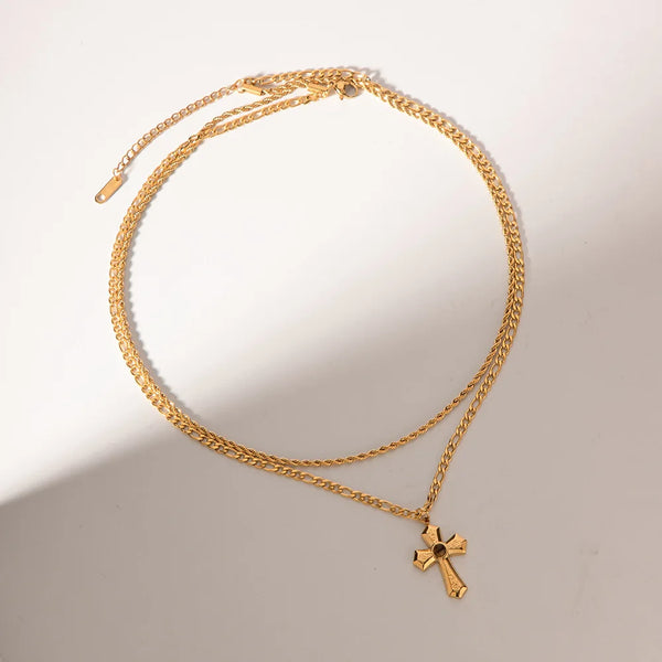 Double Layer Cross Pendant Chain Necklace