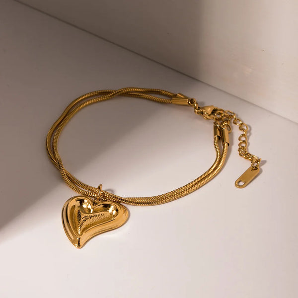 Two Layers Snake Chain Heart Pendant Bracelet