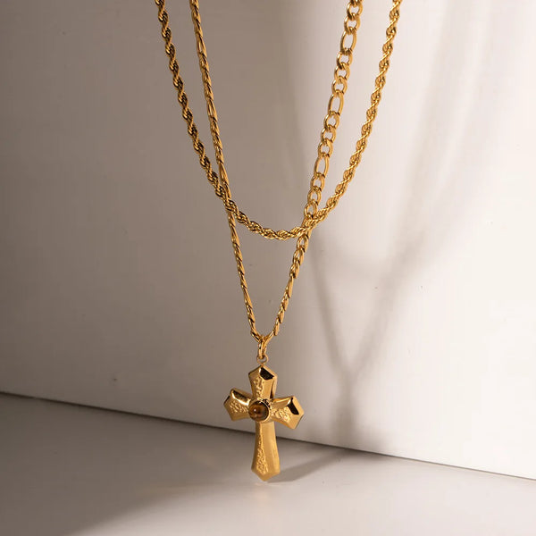 Double Layer Cross Pendant Chain Necklace