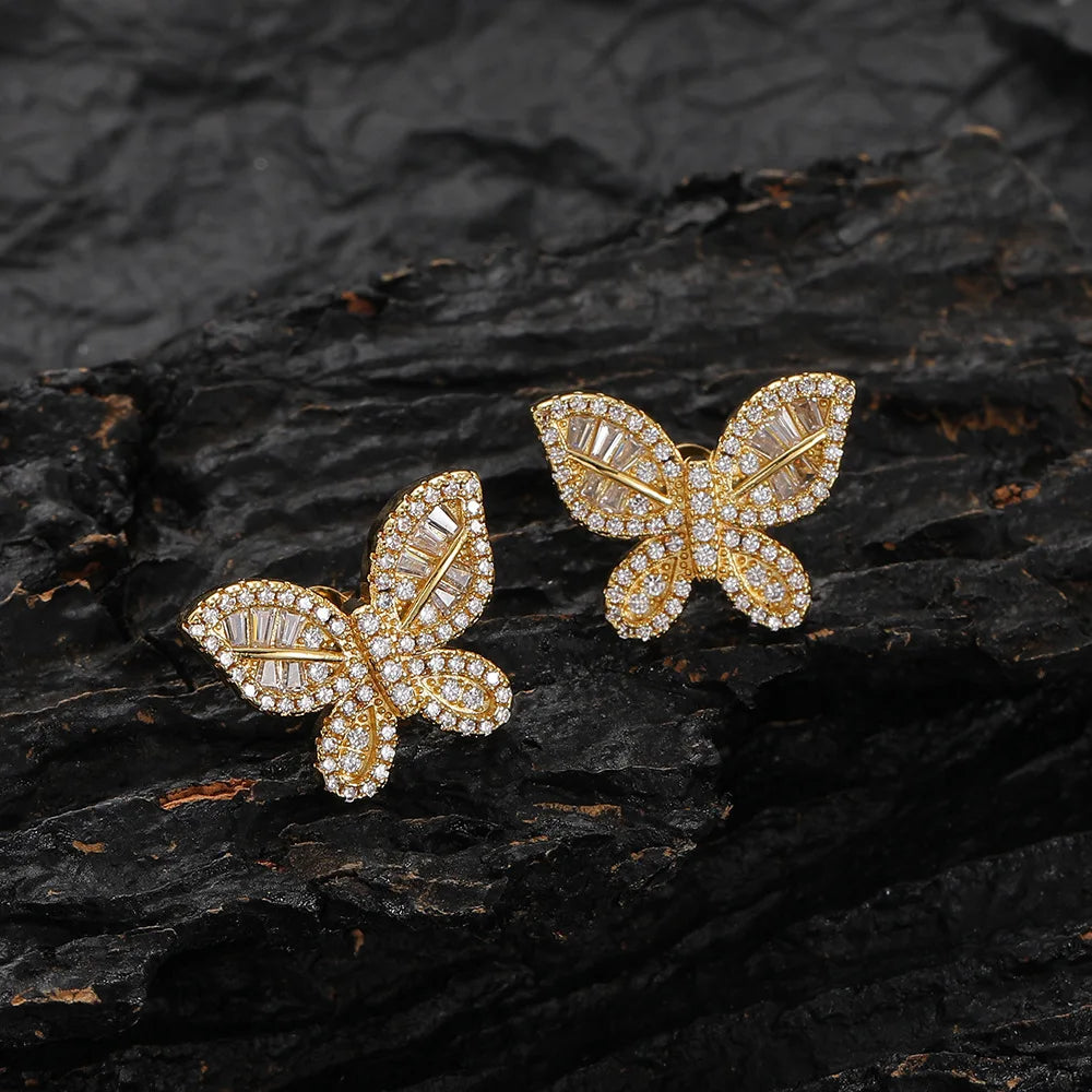 Cute Full CZ Paved Butterfly Stud Earrings