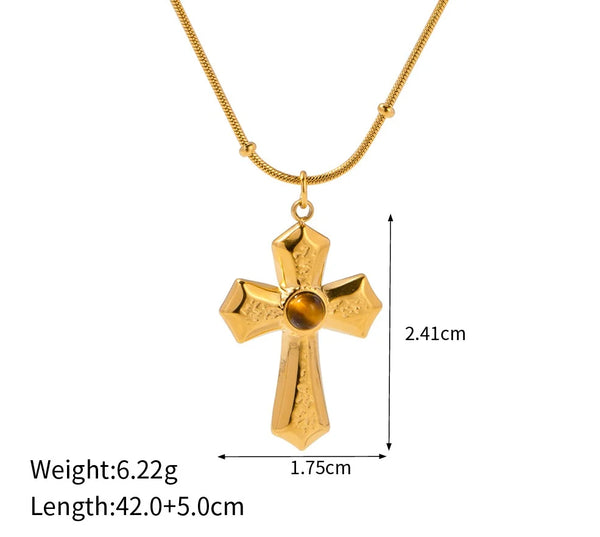 Tiger Eye Stone Cross Pendant Necklace